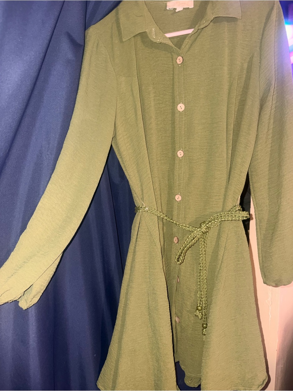 Button-Front Green Shirt Dress with Braided Belt
